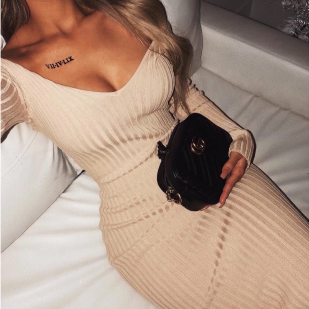 Stretchy Ribbed Knit Maxi Dress Nude Size M